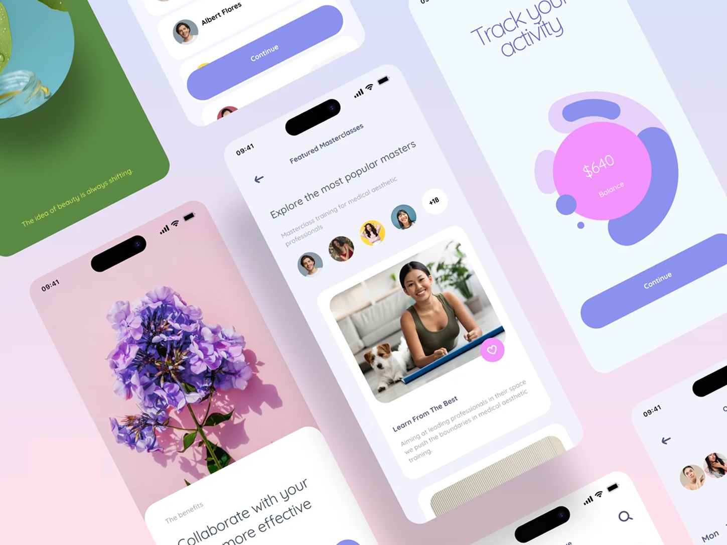 Fragile — masterclasses, activity tracking and floral imagery across app screens