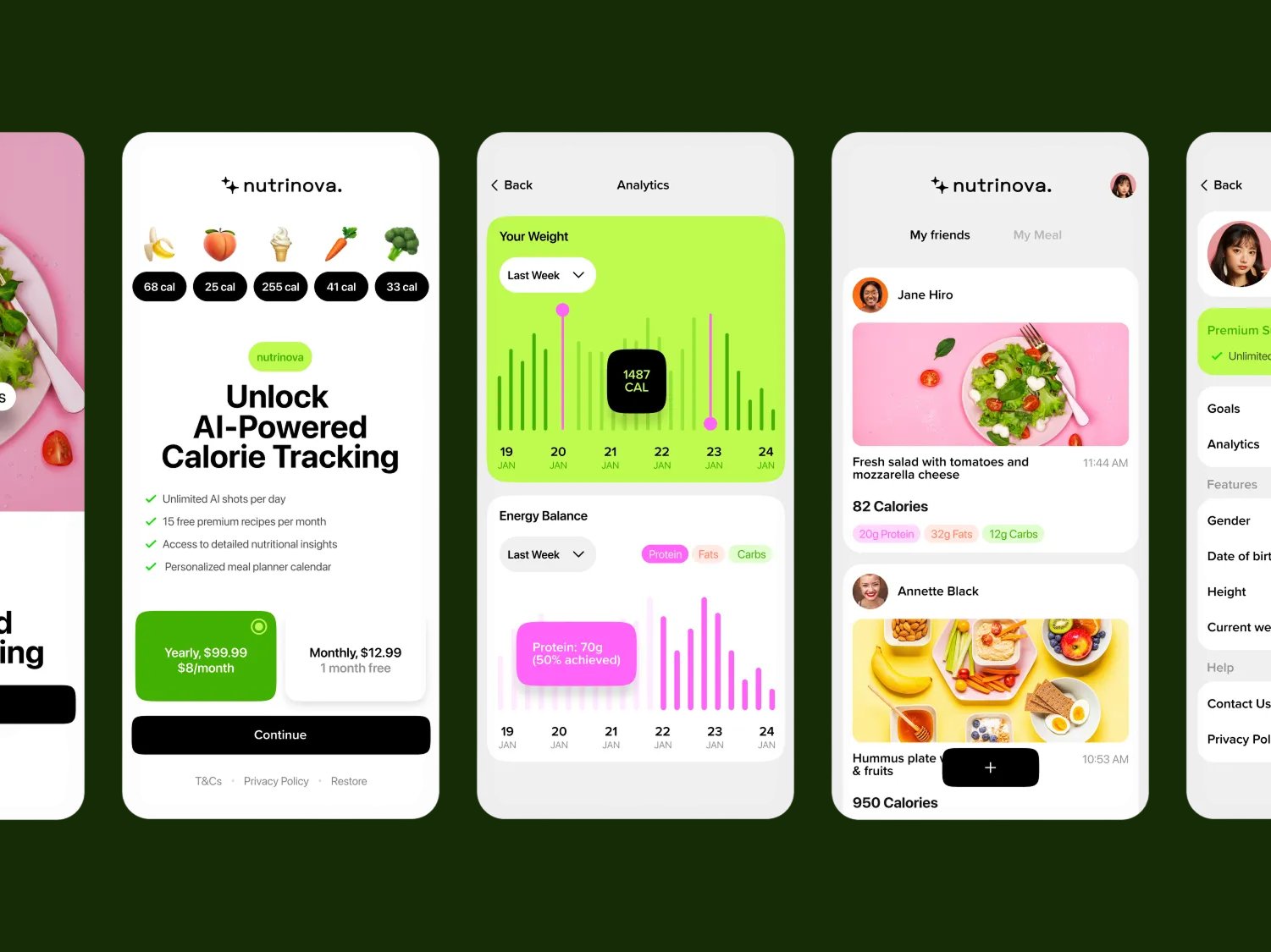 Nutrinova health and nutrition app UI kit design